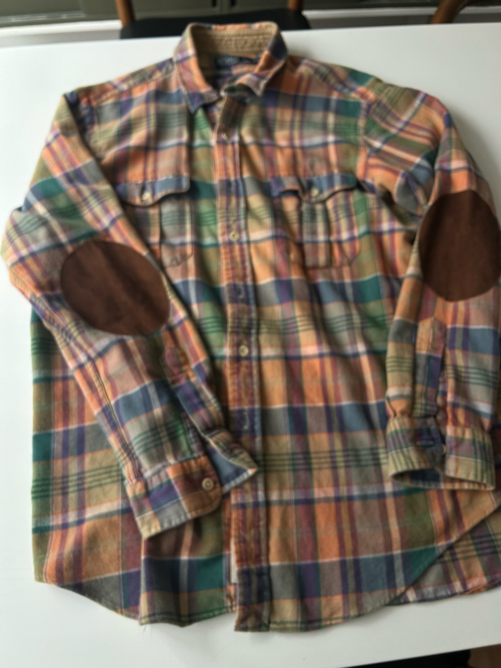 Polo by Ralph Lauren Multicolor Plaid Button-Down Shirt with Brown Elbow Patches
